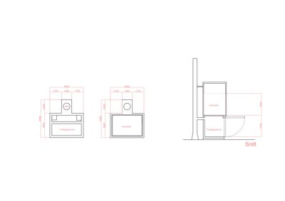 Snittegning av en bygning eller konstruksjon med mål og etiketter som 'Vanntank' og 'Fyringskammer'.