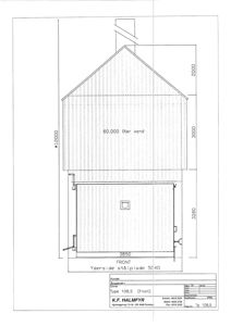 Fasadetegning som viser fronten av en bygning (en vannbeholder) med mål og tekst.