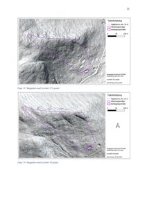 Bildet viser to kart som er skapt ved hjelp av GIS (Geografisk informasjonssystem). Kartene viser terrengform (høgdekurver) og et definert kartleggingsområde (lilla polygon). Teksten identifiserer dem som 'Skuggkart' med ulike lysvinkler (315 grader og 50 grader).