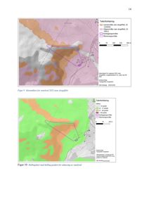 Bildet viser to kart (aksområde og hellingskart) som er del av en rapport om snøskredanalyse for et kartleggingsområde.