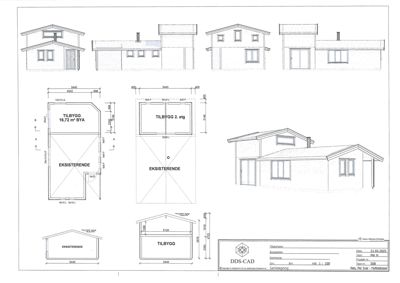 Etasjeplaner som viser romfordeling for eksisterende og tilbygg, samt fasadeopprikk.