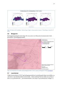 Bildet viser en vindanalyse (vindrose) og et berggrunnsgeologisk kart for et område kalt Geitabakken.