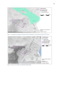 Bildet viser to kart fra NVE Atlas som illustrerer et flaumområde og bekkeløp i forhold til et kartleggingsområde.
