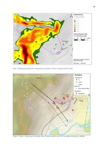 Bildet viser to kart som illustrerer geologiske forhold (hellingskart) og utløp for steinsprang i et landskap med topografi.