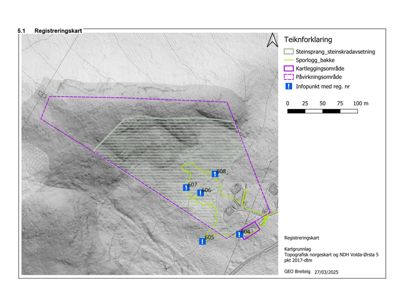Registreringskart som viser etasjens beliggenhet i forhold til terreng, steinsprang og sporlogg.