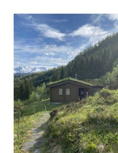 Fotografi av en hytte med grønt tak i et fjellandskap.