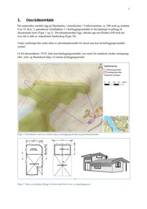 Bildet viser en oversiktskart (Figur 1) som lokaliserer kartleggingsområdet og påverknadsområdet i forhold til eksisterende hytte og terrenget. Under bildet er det også en illustrasjon (Figur 2) som viser slisse av planlagt tilbygg.