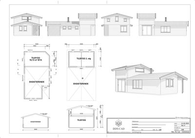 Fasadetegning som viser oppriss av bygningens front, inkludert detaljer for både eksisterende og tilbygget del.