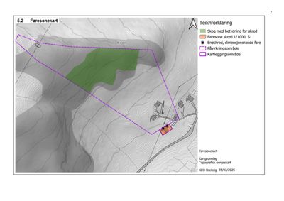 Faresonekart som viser topografi, skredfare og kartleggingsområde.