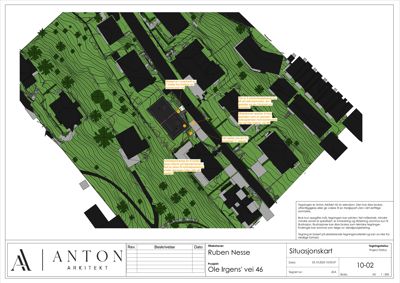 Situasjonskart som viser tomtens form, terrengforhold (konturlinjer), beplantning og plassering av bygninger.