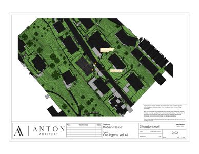 Situasjonskart som viser tomtens form, terrengforhold (konturlinjer), plassering av bygninger, veier og vegetasjon.