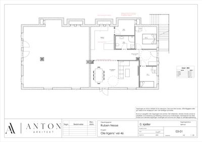 Etasjeplan for 0. etasje (kjeller) av en bolig, med romfordeling, dører, vinduer og arealoppdeling.