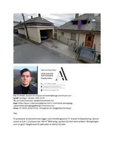 Fotografi av en eksisterende bolig med garasje og tilhørende hage/vei. Bildet er inkludert i en epost om byggesak.