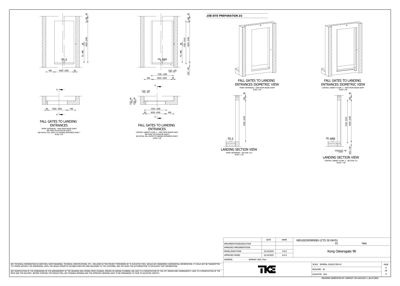 Teknisk detaljtegning som viser oppriss og snitt av fallgitter ved inngangsplasseringer, med mål og konstruksjonsdetaljer.