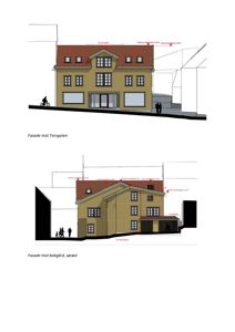 Bildet viser to fasadetegninger av en bygning: en mot Torvgaten og en mot bakgård (sørøst). Tegningene inkluderer mål, fargevalg og detaljer om vinduer og tak.