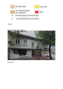 Fotografi av en eksisterende fasade mot Torvgaten og en illustrasjon av de planlagte nye fasadene.