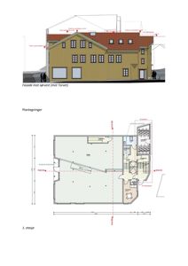 Bildet viser en fasadetegning av bygningen sett fra sørvest, samt etasjeplan for 1. etasje med romfordeling og dimensjoner.