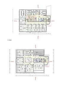Bildet viser to etasjeplaner (2. etasje og 1. etasje) med romfordeling, møblering og snittlinjer.