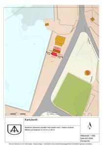 Kartutsnitt som viser plassering av en badstu i forhold til toalett, vei og vann. Tegningen inneholder målestokk, nordpil og dimensjoner.