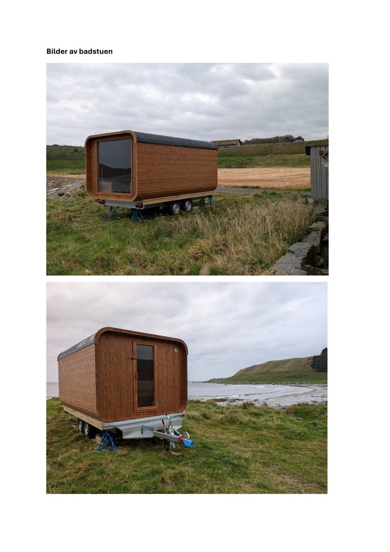 Fotografier av en ferdig badstue på hjul, sett fra utsiden.