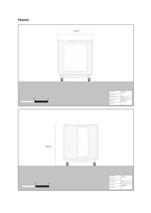 Fasadetegning som viser oppriss av en bygning sett fra front og side, med mål og skala.