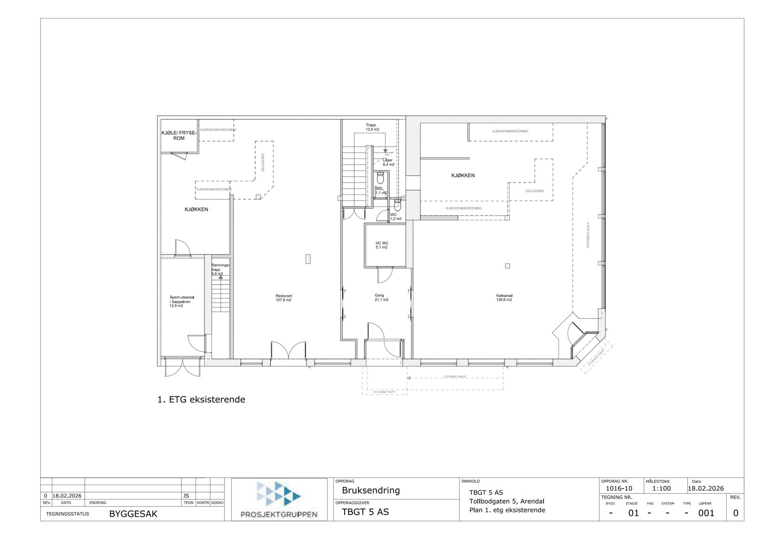 Etasjeplan (1. ETG eksisterende) som viser romfordeling, vegger og dører for en bygning.