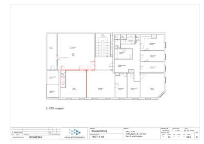 Plantegning av 2. etasje (ETG) med romfordeling, dører, trapper og arealoppgaver.