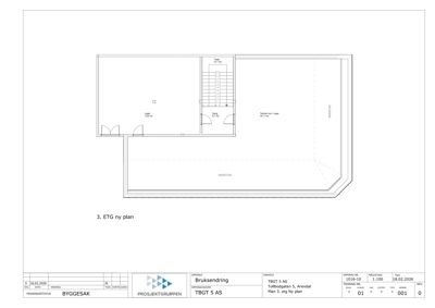 Etasjeplan for 3. etasje i en bygning, som viser romfordeling, trapp og skråtak.