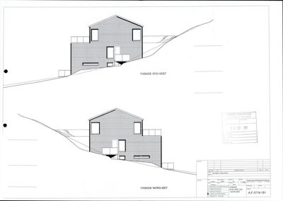 Bildet viser to fasadetekninger av en bygning sett fra ulike vinkler (syd-vest og nord-øst), inkludert terrengforhold.