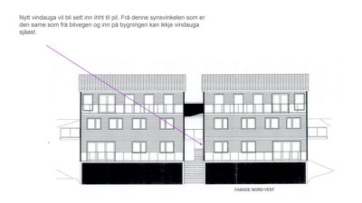 Fasadetegning av en bygning sett fra nord-vest, med tekst som forklarer synsvinkelen.