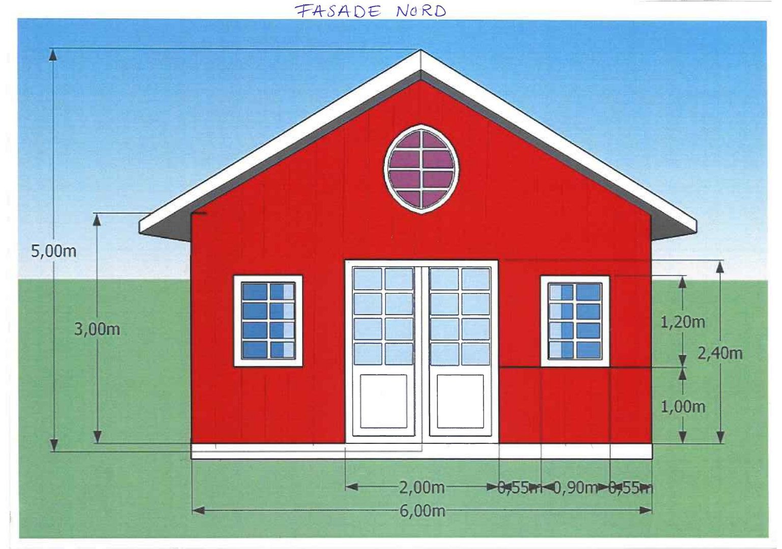 Fasadetegning (opprikk) av en rød bygning sett fra nord, med angitte mål på høyder og bredder.