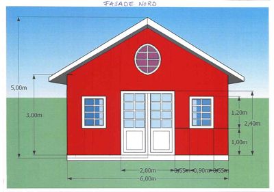 Fasadetegning (opprikk) av en rød bygning sett fra nord, med angitte mål på høyder og bredder.