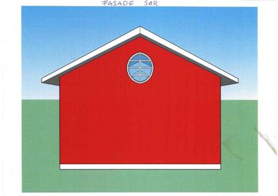Fasadetegning av en rød bygning sett fra sør, med et rundt vindue i taket.