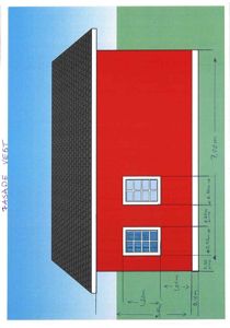 Fasadetegning av bygning sett fra vest med mål på vinduer og fasadehøyde.