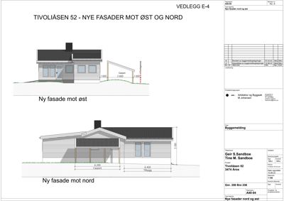 Tegning som viser fasadetegninger for en bygning sett fra øst og nord.