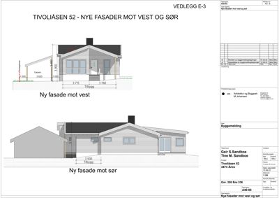 Fasadetegning som viser opprisset av en bygning sett fra vest og sør.