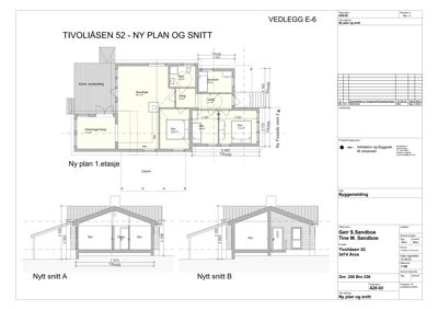 Bildet viser en tegning med både etasjeplan (Ny plan 1.etasje) og snittegninger (Nytt snitt A og B) for en bygning.
