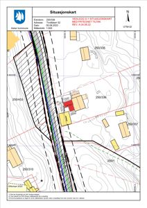 Situasjonskart som viser eiendomsnummer, adresse, nabotomter, vegnett og topografi.