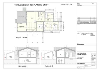 Bildet viser en tegning med etasjeplan (Ny plan 1.etasje) og snittegninger (Nytt snitt A og B) for en bygning.