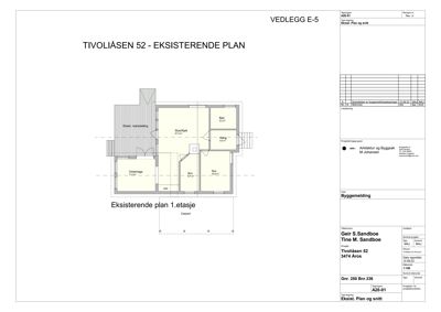 Etasjeplan for 1. etasje av eksisterende bygning (Tivoliåsen 52).