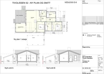 Bildet viser en arkitektonisk tegning som inneholder både et etasjeplan (Ny plan 1.etasje) og to snittegninger (Nytt snitt A og Nytt snitt B) for en bygning.
