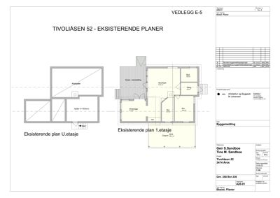 Etasjeplaner for eksisterende planer i Tivoliåsen 52, som viser romfordeling og arealer.