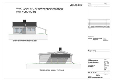 Tegning som viser eksisterende fasader mot nord og øst for Tivolilåsen 52.