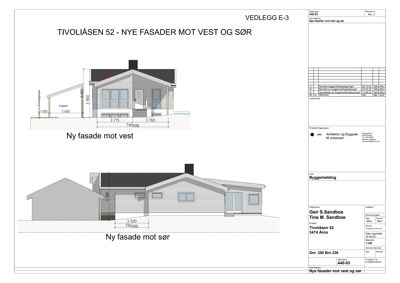 Fasadetegning som viser nye fasader mot vest og sør for Tivolilåsen 52.