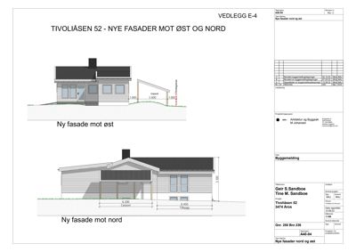 Fasadetegning som viser oppriss av nye fasader mot øst og nord for Tivoliåsen 52.