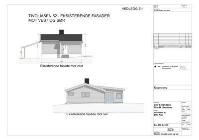 Tegning som viser eksisterende fasader mot vest og sør for Tivolilåsen 52.