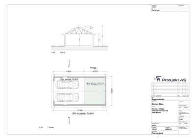 Etasjeplan (1. Etasje) som viser romfordeling, dimensjoner og plassering av garasje og tilbygg.