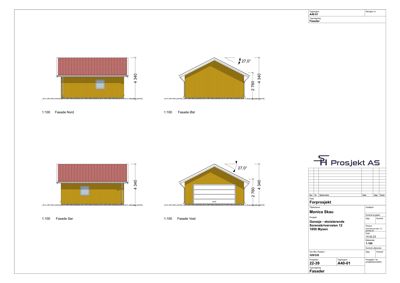 Fasadetegning som viser bygningens utseende fra fire sider (Nord, Øst, Sør, Vest) med mål og takhøyde.