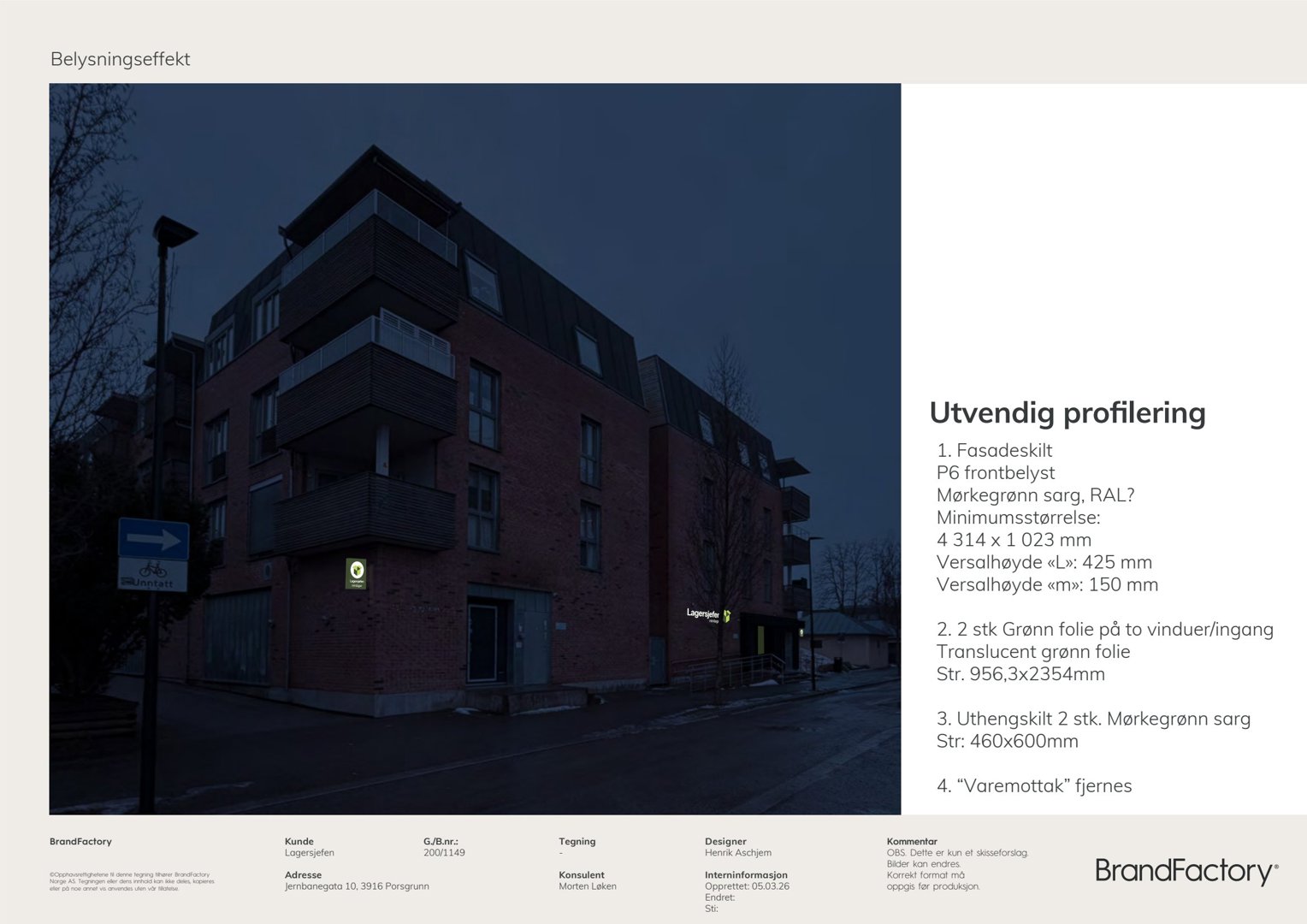 Fotografi av en eksisterende bygning (flere etasjer, balkonger, fasade) med en mørk belysningseffekt. Bildet viser bygningens utseende og omgivelser.