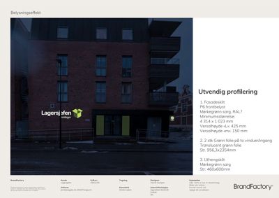 Fotografi av en eksisterende bygning med tekstbeskrivelse av en belysningseffekt og utvendig profilering.
